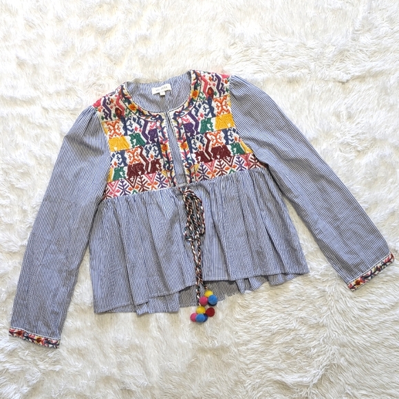 Velzera Tops - 🔴SALE! Velzera Rainbow Embroidered Striped Oversized Tie Front Top Size XS